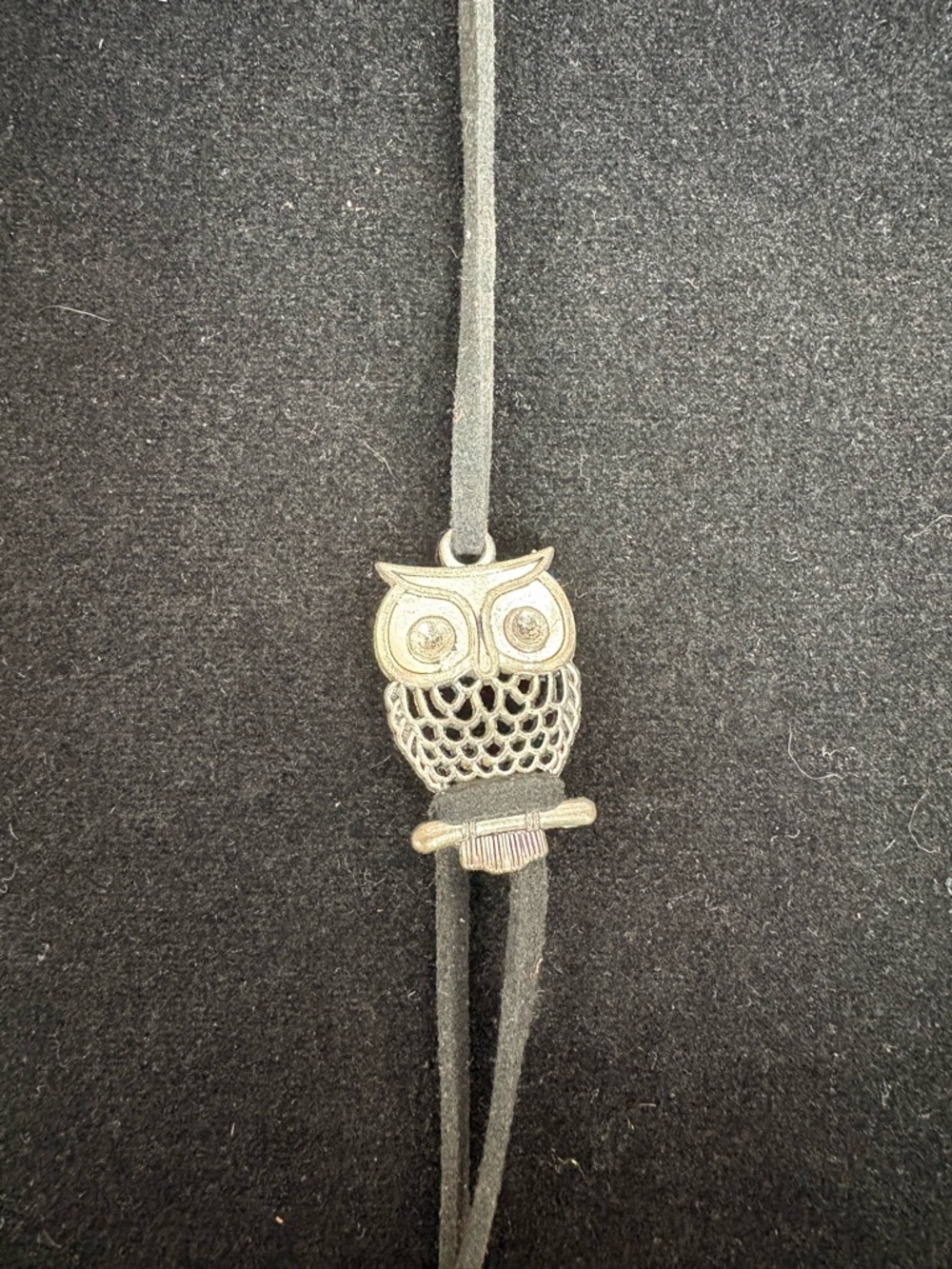 Owl Pendant Suede Cord Bracelet in Black and Antique Silver NWOT